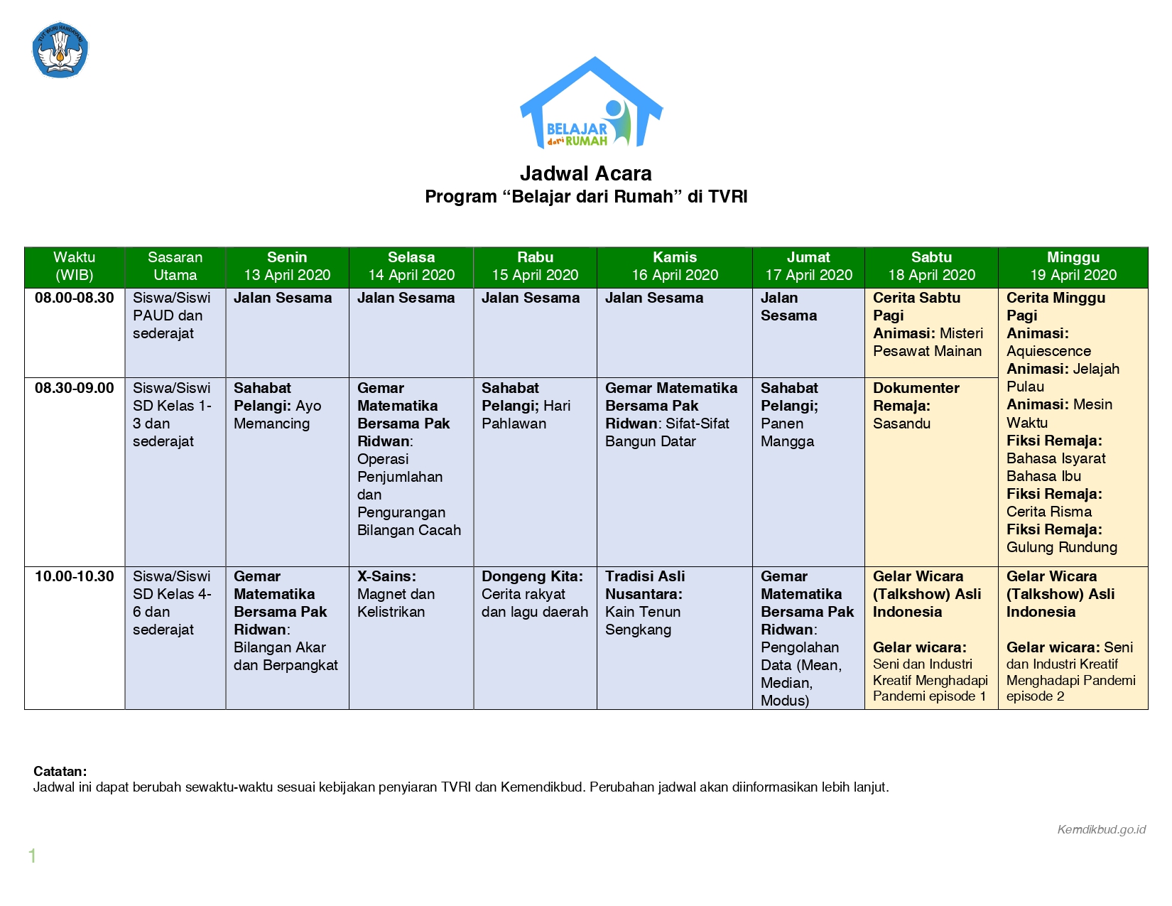 Berikut Jadwal Acara Program Belajar dari Rumah yang Tayang di TVRI