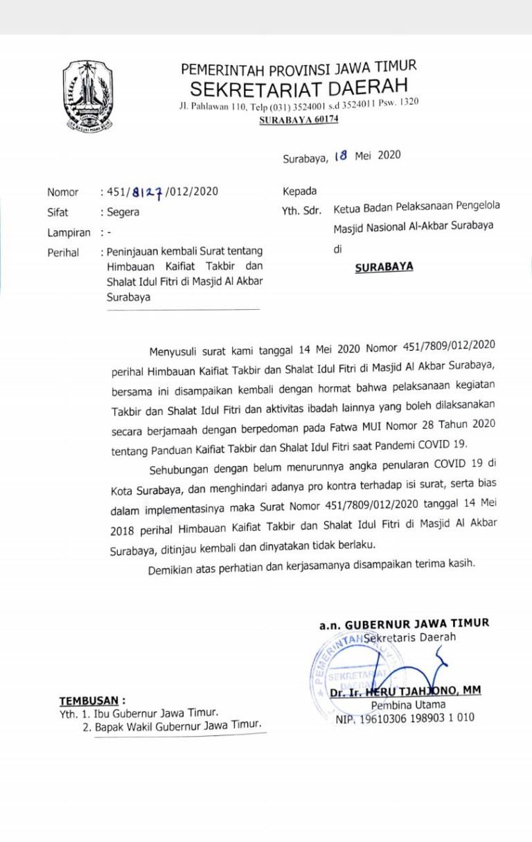 Pemprov Jatim Cabut Surat Edaran Pelaksanaan Shalat Idul Fitri 1441