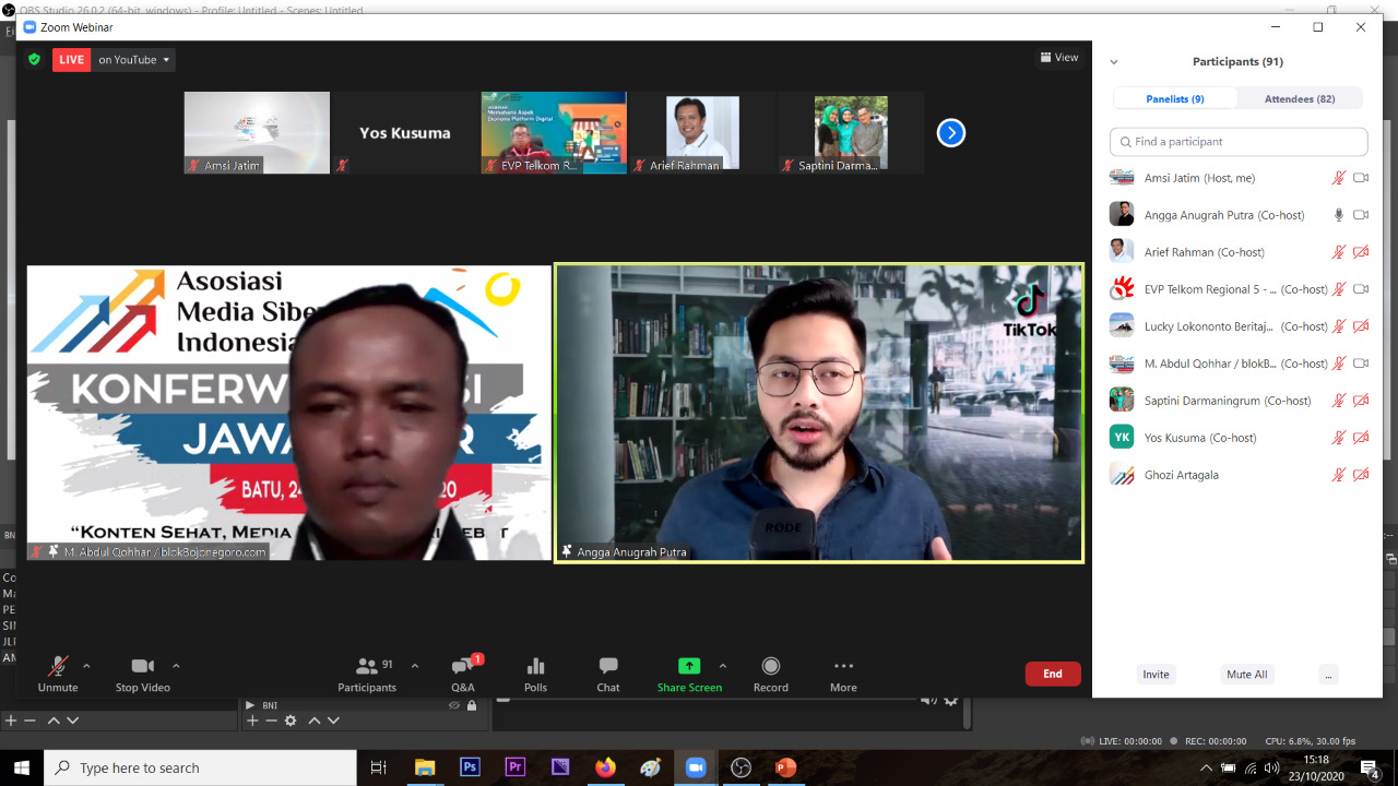 Angga Anugrah Putra Head of User and Content Operations of TikTok Indonesia (kanan) jadi pembicara webinar bertema Memahami Aspek Ekonomi Platform Digital, yang digelar dalam rangka Konferensi Wilayah Asosiasi Media Siber Indonesia Jawa Timur, Jumat (23/10/2020). Foto: AMSI Jatim