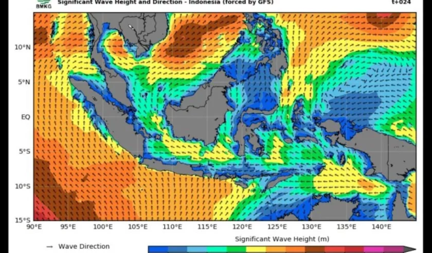Peta potensi gelombang tinggi yang dirilis Badan Meteorologi Klimatologi, dan Geofisika (BMKG) pada Minggu (3/9/2023). Foto: BMKG