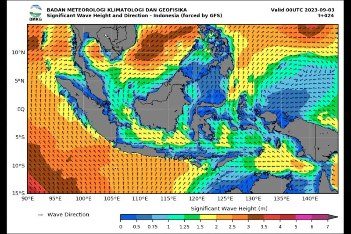 Peta potensi gelombang tinggi yang dirilis Badan Meteorologi Klimatologi, dan Geofisika (BMKG) pada Minggu (3/9/2023). Foto: BMKG