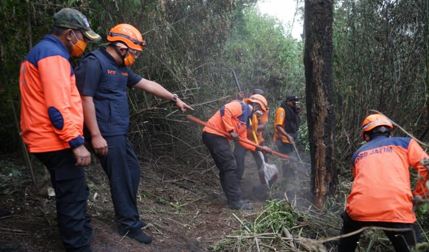 Petugas gabungan waktu melalukan pembasahan di kawasan Taman Nasional Bromo setelah dilakukan water bombing, Senin (11/9/2023). Foto: BPBD Jatim