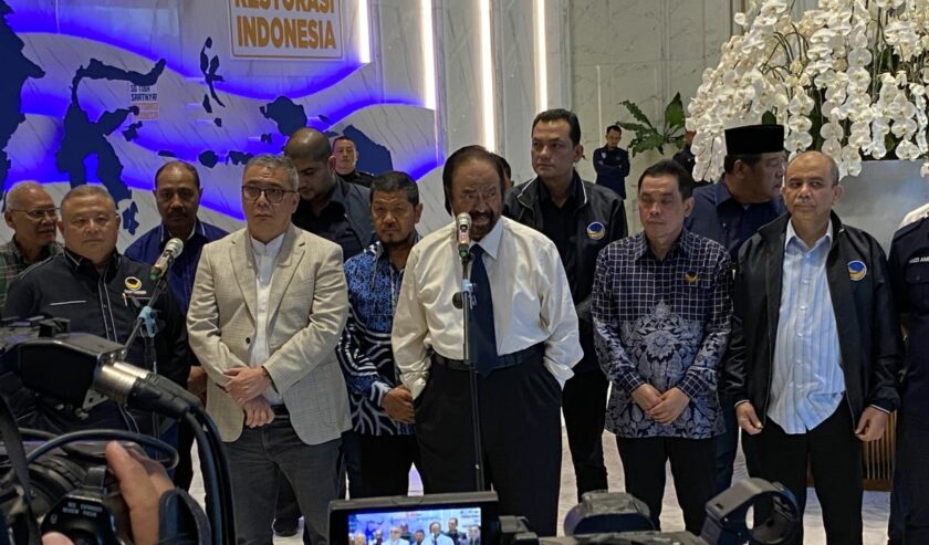 DPP Partai NasDem menggelar konferensi pers terkait dengan Menteri Pertanian Syahrul Yasin Limpo di NasDem Tower, Jakarta, Kamis (5/10/2023). Foto: Antara