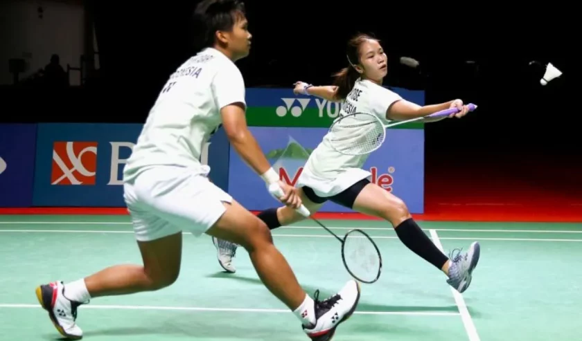 Ganda putri Meilysa Trias Puspitasari/Rachel Allessya Rose saat berlaga dalam ajang BNI Indonesia Masters 2023 di Jatim Expo, Surabaya, Jawa Timur, Jumat (27/10/2023). Foto: Humas PP PBSI