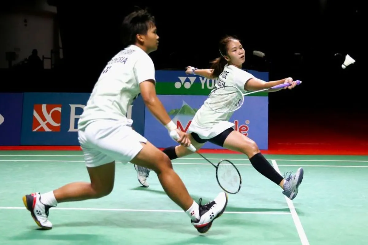 Ganda putri Meilysa Trias Puspitasari/Rachel Allessya Rose saat berlaga dalam ajang BNI Indonesia Masters 2023 di Jatim Expo, Surabaya, Jawa Timur, Jumat (27/10/2023). Foto: Humas PP PBSI