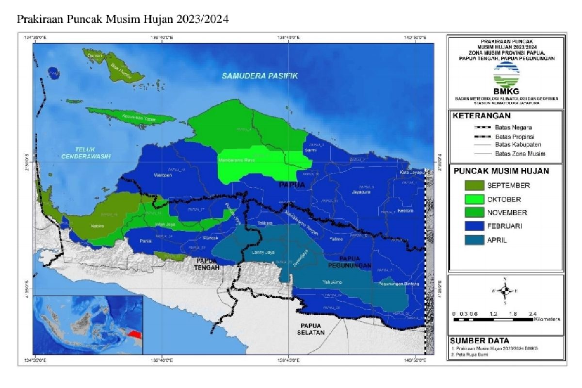 Peta prakiraan puncak musim hujan 2023/2024