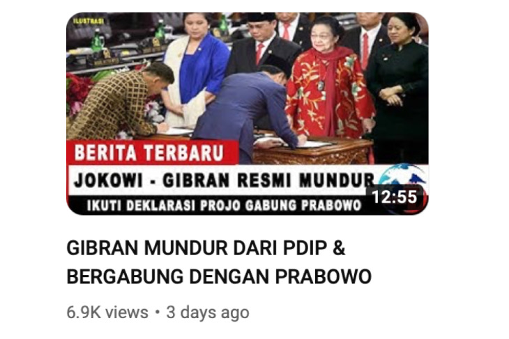 Unggahan video hoaks yang menarasikan Gibran mengundurkan diri dari PDI-P pada 14 Oktober. Faktanya, narasi judul dan isi video tidak sesuai. (YouTube)