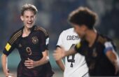 Pesepak bola Timnas Jerman Max Moerstedt berselebrasi usai mencetak gol ke gawang Timnas Selandia Baru pada pertandingan fase Grup F Piala Dunia U-17 2023 di Stadion Si Jalak Harupat, Kabupaten Bandung, Jawa Barat, Rabu (15/11/2023). Foto: Antara