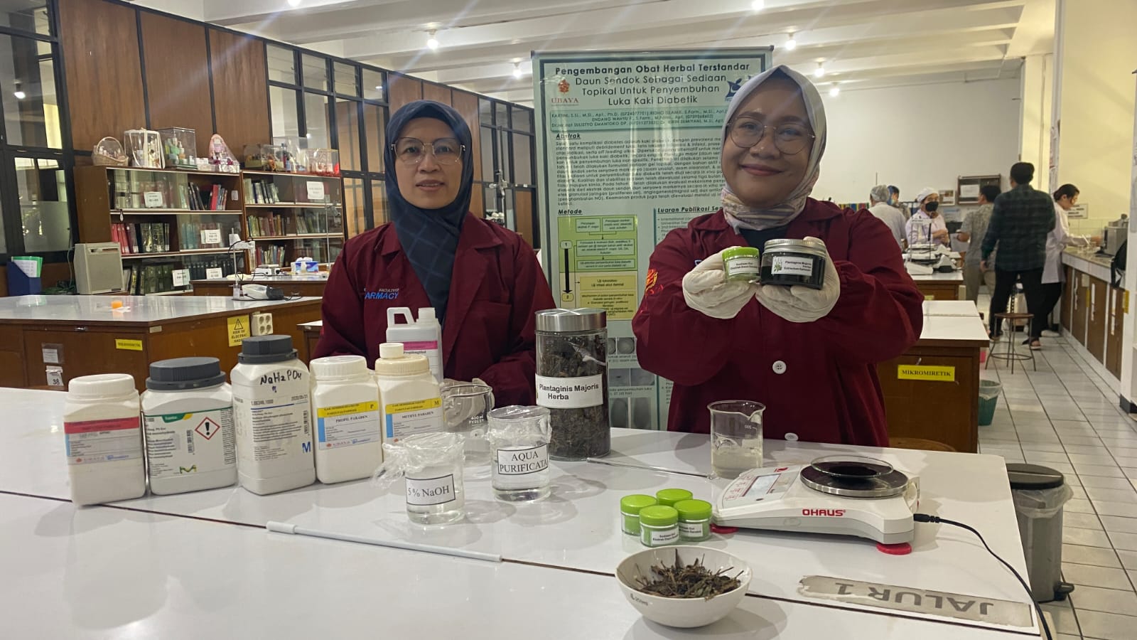 Dosen Fakultas Farmasi Universitas Surabaya (Ubaya) membuat inovasi sediaan gel dari daun sendok untuk terapi luka kaki diabetes, di Laboratorium Fakultas Farmasi Ubaya, Jumat (3/11/2023). Foto: Ubaya