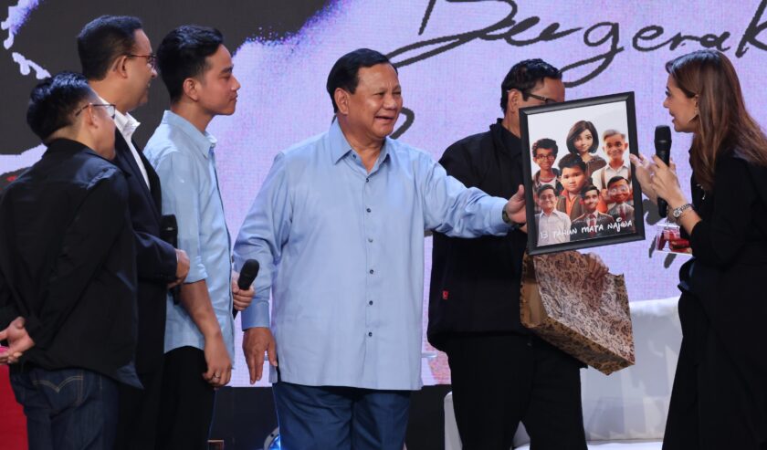 Prabowo-Gibran saat menghadiri HUT ke-13 Mata Najwa, Minggu (19/11/2023).