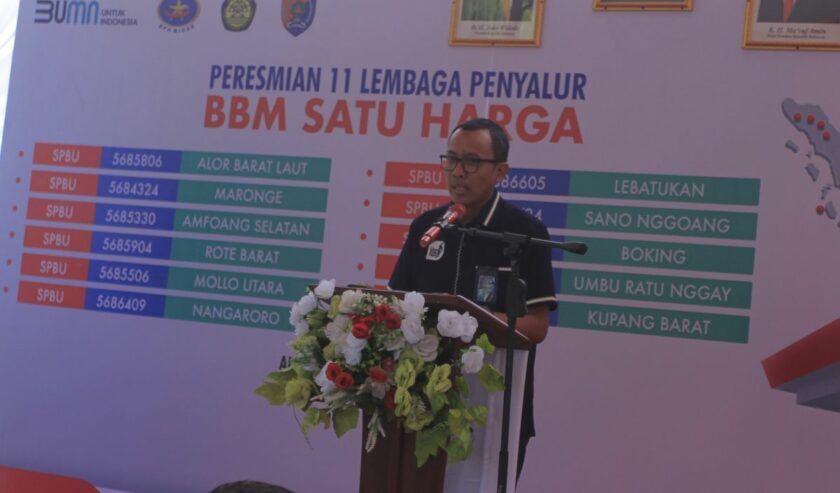 Dwi Puja Ariestya Eksekutif Manager PT Pertamina Patra Niaga Regional Jawa Timur, Bali, dan Nusa Tenggara (Jatimbalinus) memberikan kata sambutan saat berada di Alor, NTT, Jumat (24/11/2023). Foto: Antara