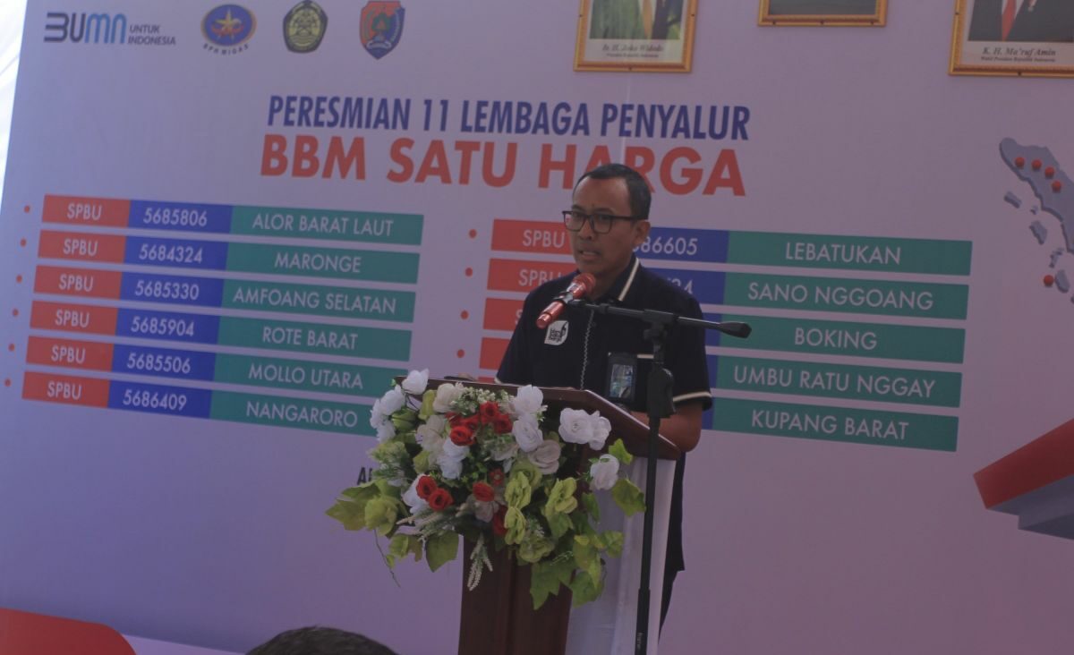Dwi Puja Ariestya Eksekutif Manager PT Pertamina Patra Niaga Regional Jawa Timur, Bali, dan Nusa Tenggara (Jatimbalinus) memberikan kata sambutan saat berada di Alor, NTT, Jumat (24/11/2023). Foto: Antara
