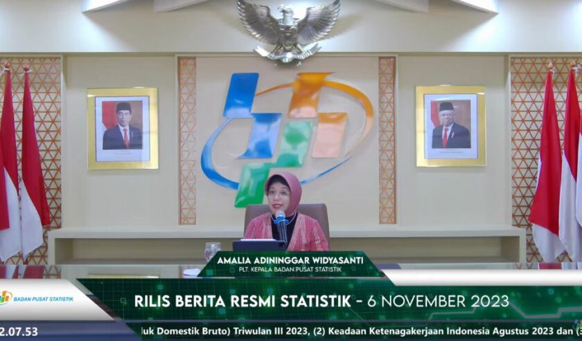 Amalia Adininggar Widyasanti Plt. Kepala BPS saat konferensi pers di Jakarta, Senin (6/11/2023). Foto: Tangkapan layar YouTube