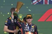 Max Verstappen, pembalap Red Bull Racing merayakan keberhasilannya memenangi Grand Prix Sao Paulo, di Sirkuit Interlagos, Sao Paulo, Brazil, Minggu (5/11/2023). Foto: AFP/Antara