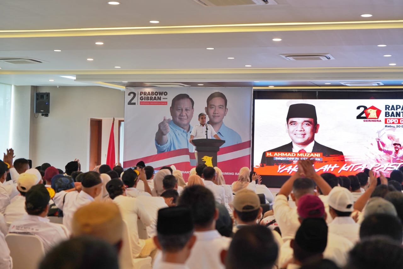 Muzani saat memberikan sambutan di konsolidasi retusan kader dan para caleg Gerindra se daerah pemilihan Banten II, Rabu (20/12/2023). Foto: TKN Prabowo-Gibran