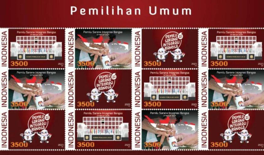 Tampilan perangko seri pemilu serentak 2024. Foto: Antara/Pos Indonesia