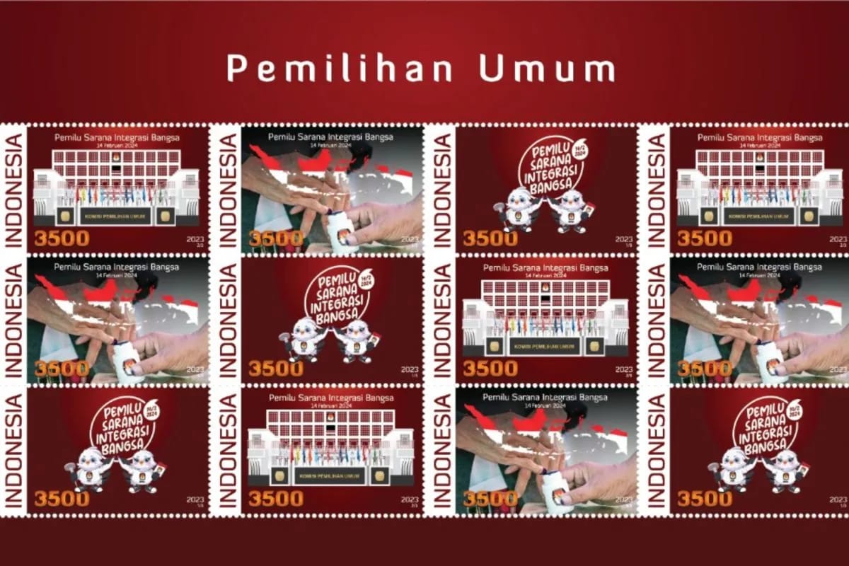 Tampilan perangko seri pemilu serentak 2024. Foto: Antara/Pos Indonesia