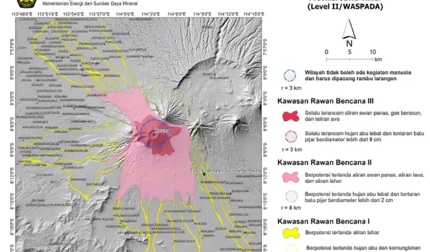 Peta kawasan rawan bencana Gunung Raung. Foto: PVMBG