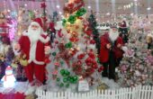 Pohon natal dan santa claus yang berada di toko pernak-pernik natal di toko Santosa Florist Christmas di Pasar Atom Surabaya, pada Jumat (15/12/2023). Foto: Risky suarasurabaya.net