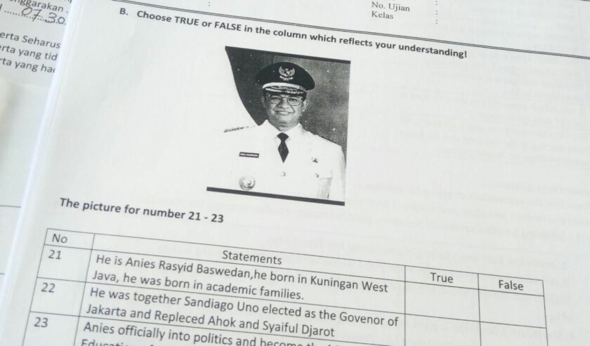 Foto Anies Baswedan capres nomor urut 1 ditemukan dalam soal ujian salah satu SMK di Kabupaten Lamongan. Foto: Istimewa
