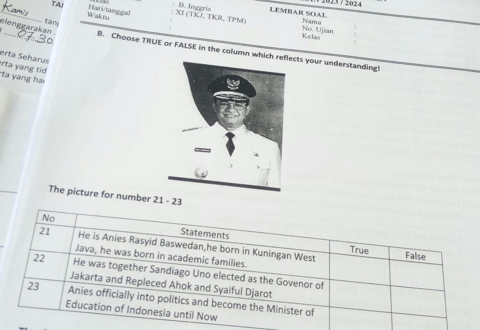 Foto Anies Baswedan capres nomor urut 1 ditemukan dalam soal ujian salah satu SMK di Kabupaten Lamongan. Foto: Istimewa
