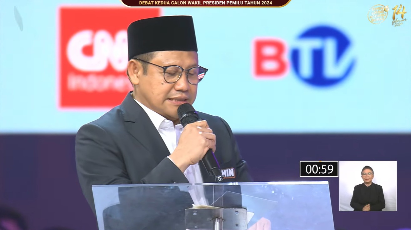 Muhaimin Iskandar calon wakil presiden (cawapres) nomor urut 1 dalam debat perdana cawapres, Jumat (22/12/2023). Foto: Tangkapan layar YouTube KPU