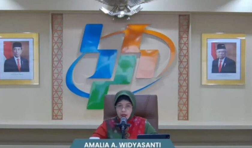 Amalia A Widyasanti Plt Kepala Badan Pusat Statistik (BPS) saat memaparkan nilai neraca perdagangan barang Indonesia di Jakarta, Kamis (15/2/2024). Foto: Antara