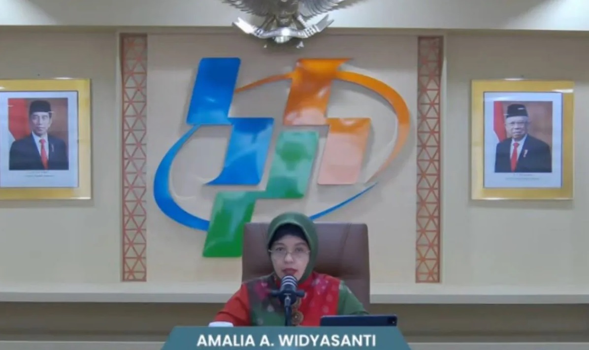 Amalia A Widyasanti Plt Kepala Badan Pusat Statistik (BPS) saat memaparkan nilai neraca perdagangan barang Indonesia di Jakarta, Kamis (15/2/2024). Foto: Antara