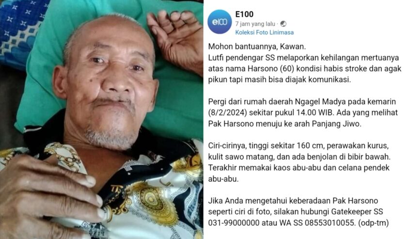 Harsono (69 tahun) warga Ngagel Madya Surabaya, sempat dikabarkan hilang. Foto: tangkapan layar Facebook e100, Ilsya magang suarasurabaya.net