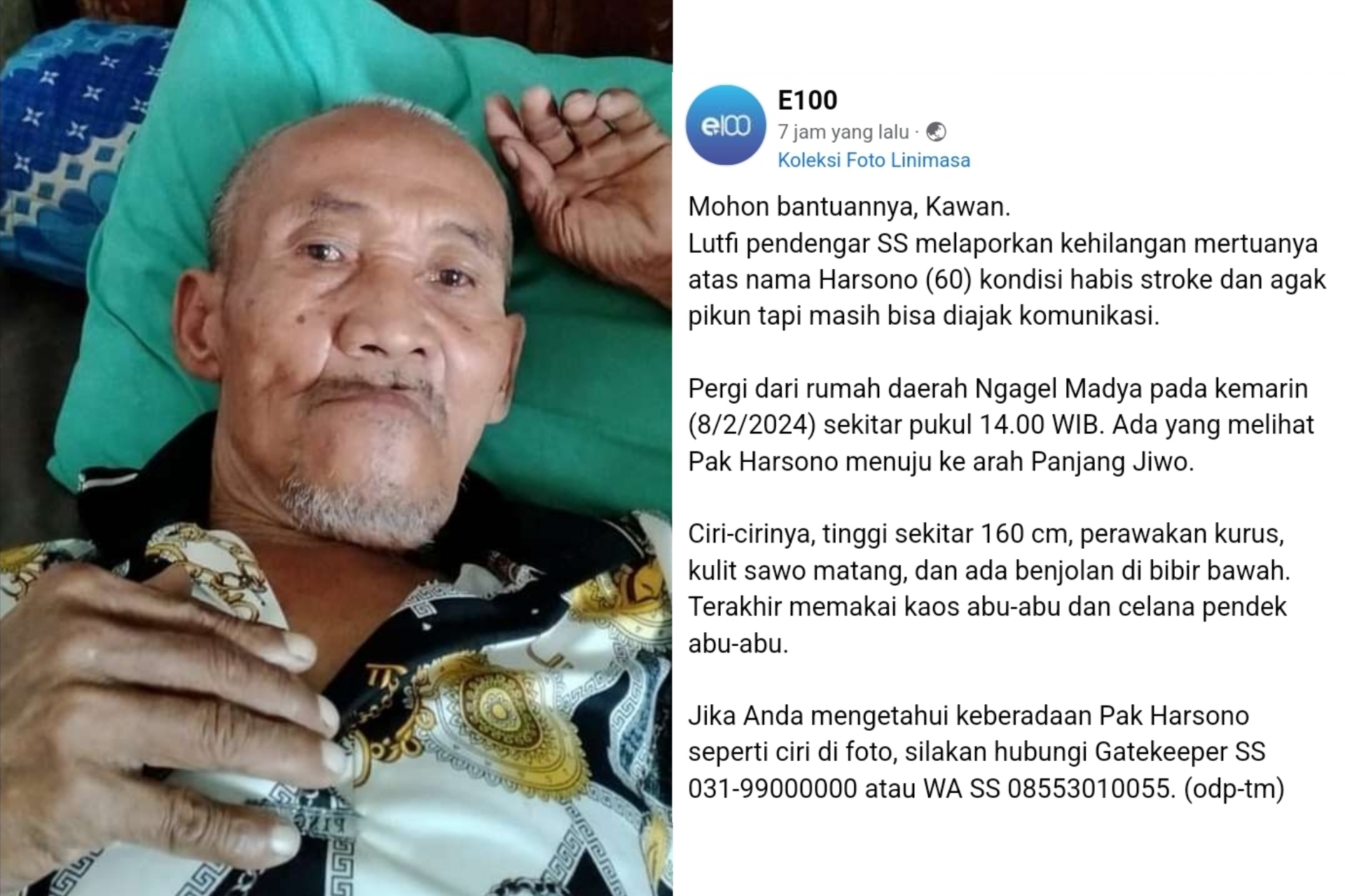 Harsono (69 tahun) warga Ngagel Madya Surabaya, sempat dikabarkan hilang. Foto: tangkapan layar Facebook e100, Ilsya magang suarasurabaya.net
