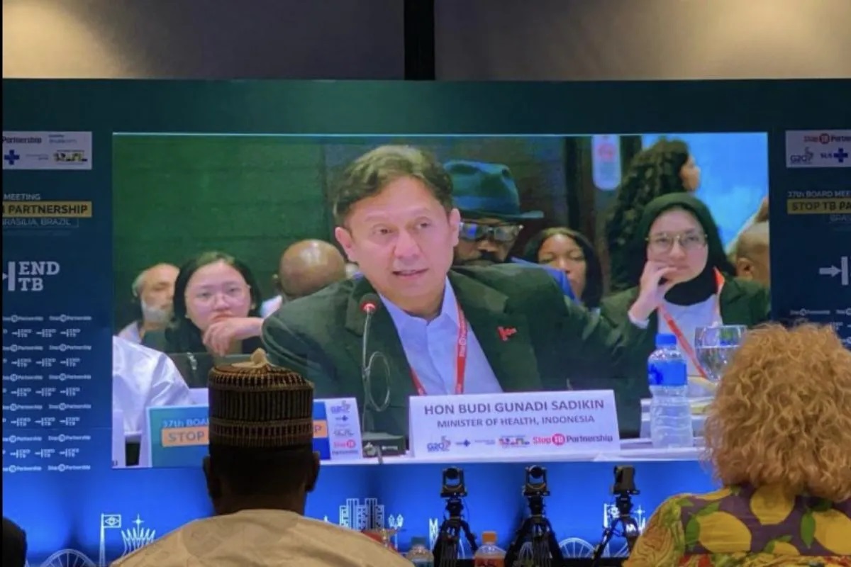 Budi Gunadi Sadikin Menteri Kesehatan RI saat menyampaikan pernyataan Indonesia dalam agenda Stop TB Partnership (STP) Board Meeting ke-37 yang berlangsung di Kota Brasilia, Brasil, Jumat (9/2/2024). Foto: Antara