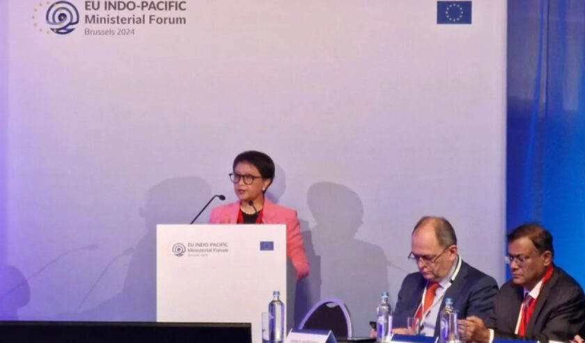 Retno Marsudi Menteri Luar Negeri RI berbicara dalam “Indo-Pacific Ministerial Forum” ke-3 yang berlangsung di Brussels, Belgia, pada Jumat (2/2/2024). Foto: Antara