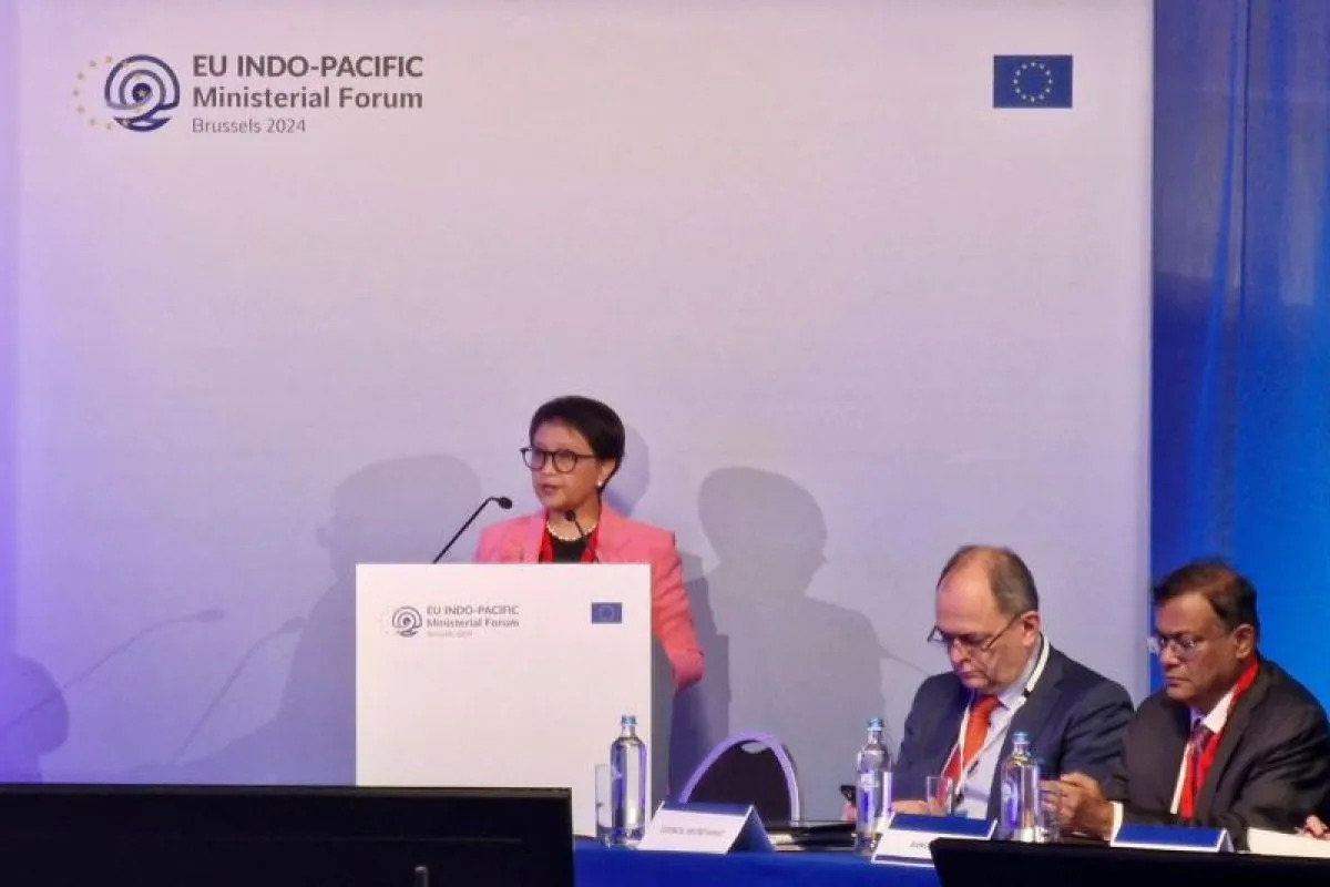 Retno Marsudi Menteri Luar Negeri RI berbicara dalam “Indo-Pacific Ministerial Forum” ke-3 yang berlangsung di Brussels, Belgia, pada Jumat (2/2/2024). Foto: Antara