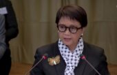 Retno Marsudi Menteri Luar Negeri Indonesia saat berbicara di Mahkamah Internasional (ICJ) di Den Haag, Belanda, Jumat (23/2/2024). Foto: Antara