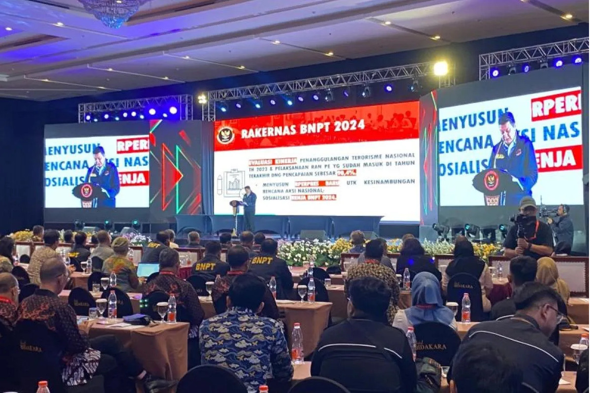 Rycko Amelza Dahniel Kepala Badan Nasional Penanggulangan Terorisme (BNPT) RI menyampaikan sambutan pada Rakernas BNPT 2024 di Jakarta, Selasa (20/2/2024). Foto: Antara