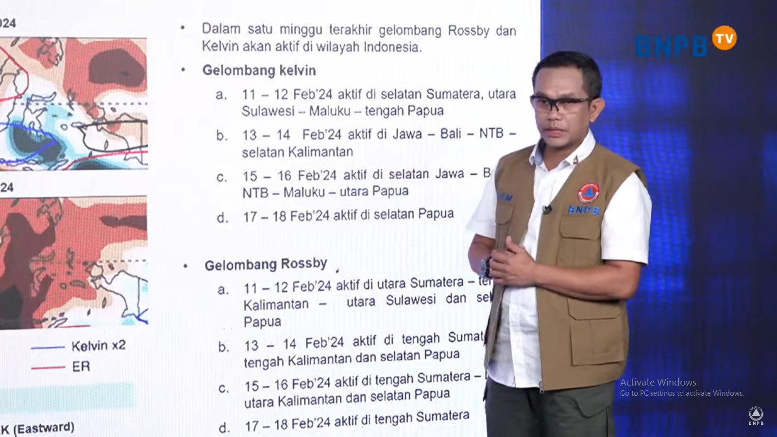 Abdul Muhari Kepala Pusat Data, Informasi dan Komunikasi Kebencanaan BNPB saat memaparkan kondisi kedaruratan bencana selama masa Pemilu 2024 dalam siaran bertajuk disaster briefing di Jakarta, Selasa (13/2/2024). Foto: Tangkapan layar Youtube BNBP Indonesia