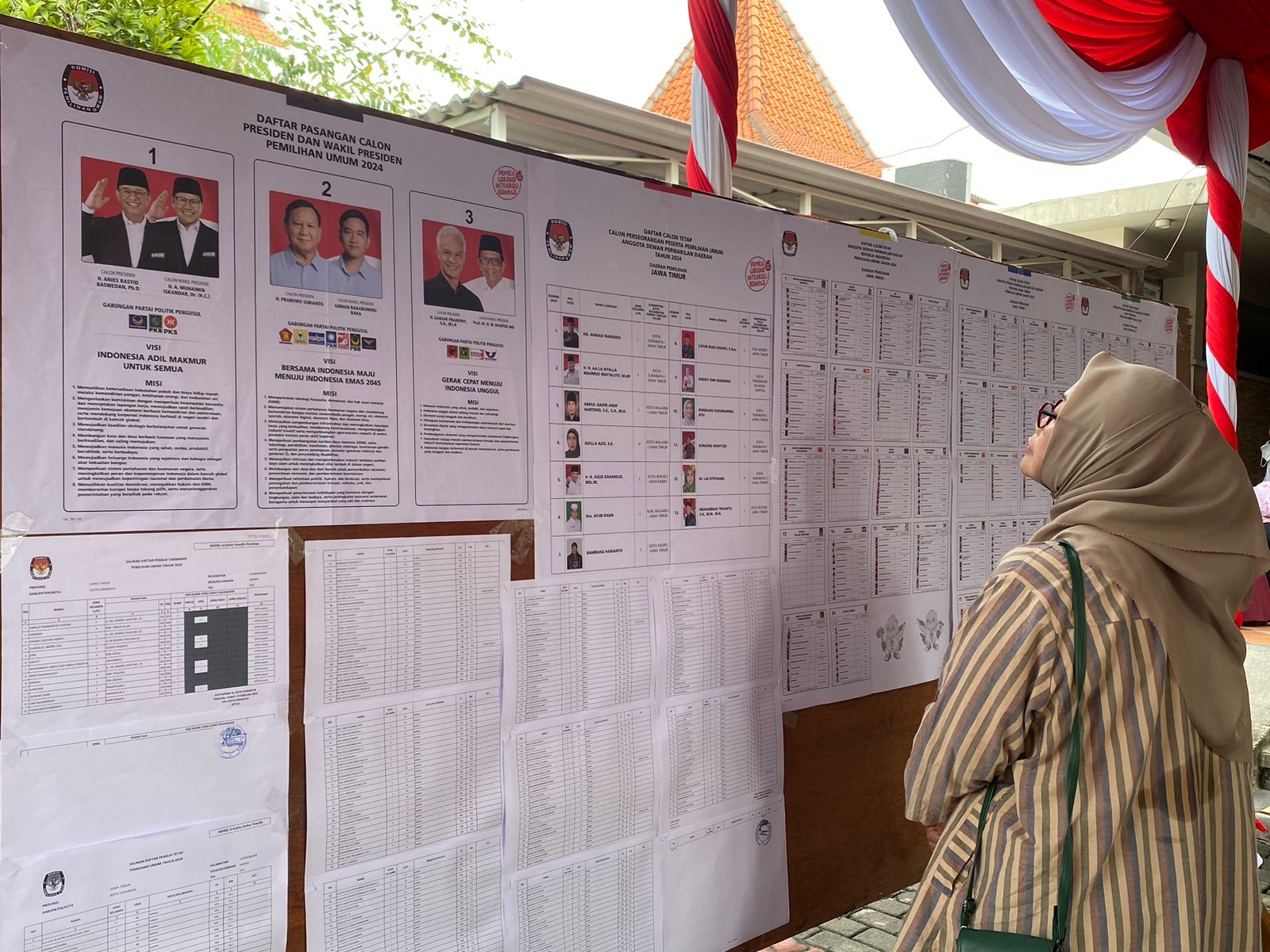 Pemilih saat melihat contoh surat suara di TPS 35 Karah Jambangan Surabaya sebelum menyoblos, Rabu (14/2/2024). Foto: Meilita suarasurabaya.net
