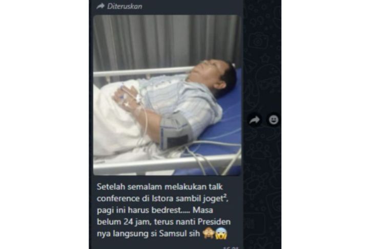 Unggahan yang menarasikan Prabowo dirawat setelah deklarasi kemenangan di Istora 14 Februari. Faktanya, pada Kamis (15/02/2024) Prabowo melakukan ziarah ke makam ayahnya, Sumitro Djojohadikusumo dan ibunya, Dora Marie Djojohadikusumo. (WhatsApp).