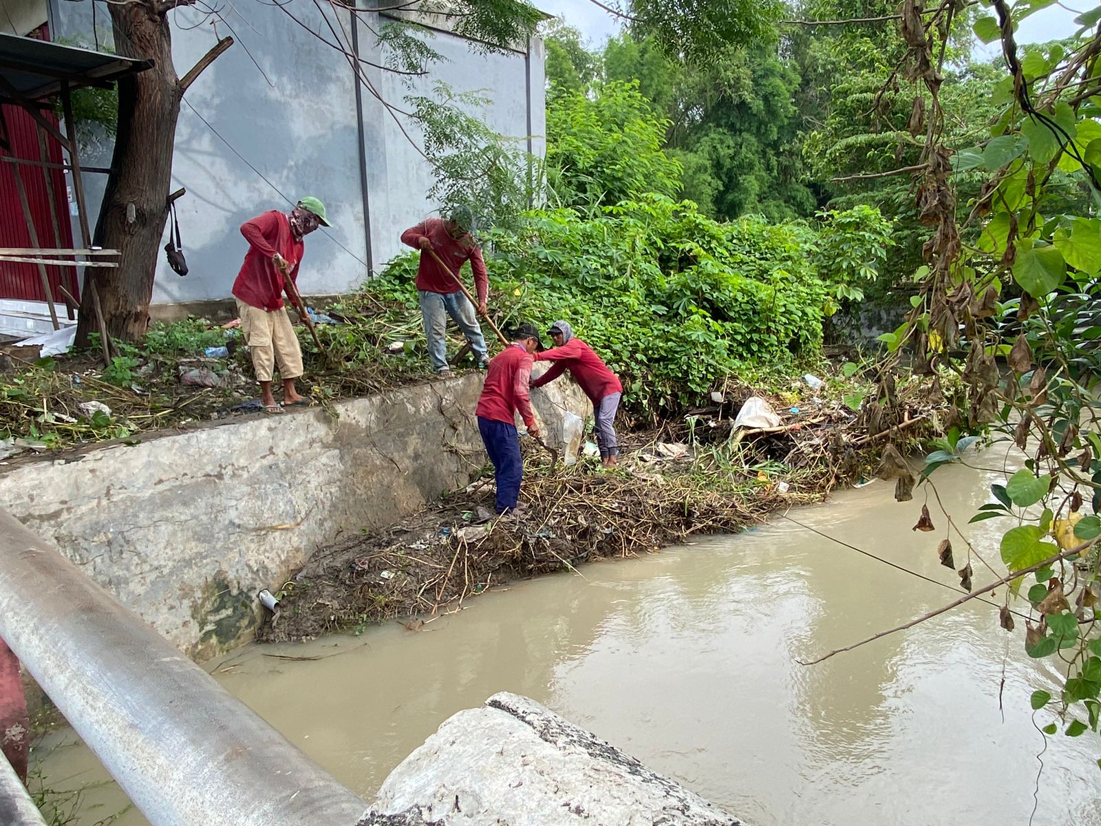 Petugas nampak membersihkan tumpukan ranting di sungai yang mengalir di dekat pemukiman Pakal Madya Barat, Minggu (18/2/2024). Foto: Wildan suarasurabaya.net