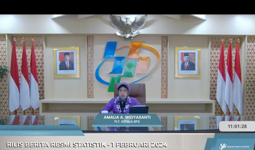 Plt. Kepala BPS Amalia Adininggar Widyasanti memberikan pemaparan dalam Rilis Perkembangan Indeks Harga Konsumen Januari 2024 di Jakarta, Kamis (1/2/2024). Foto: Antara