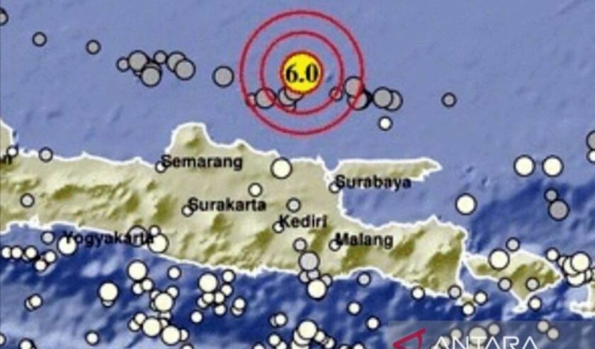Peta gempa bumi berkekuatan 6 magnitudo yang berpusat di wilayah Tuban, Jawa Timur, Jumat (22/3/2024) siang pukul 11.22 WIB.