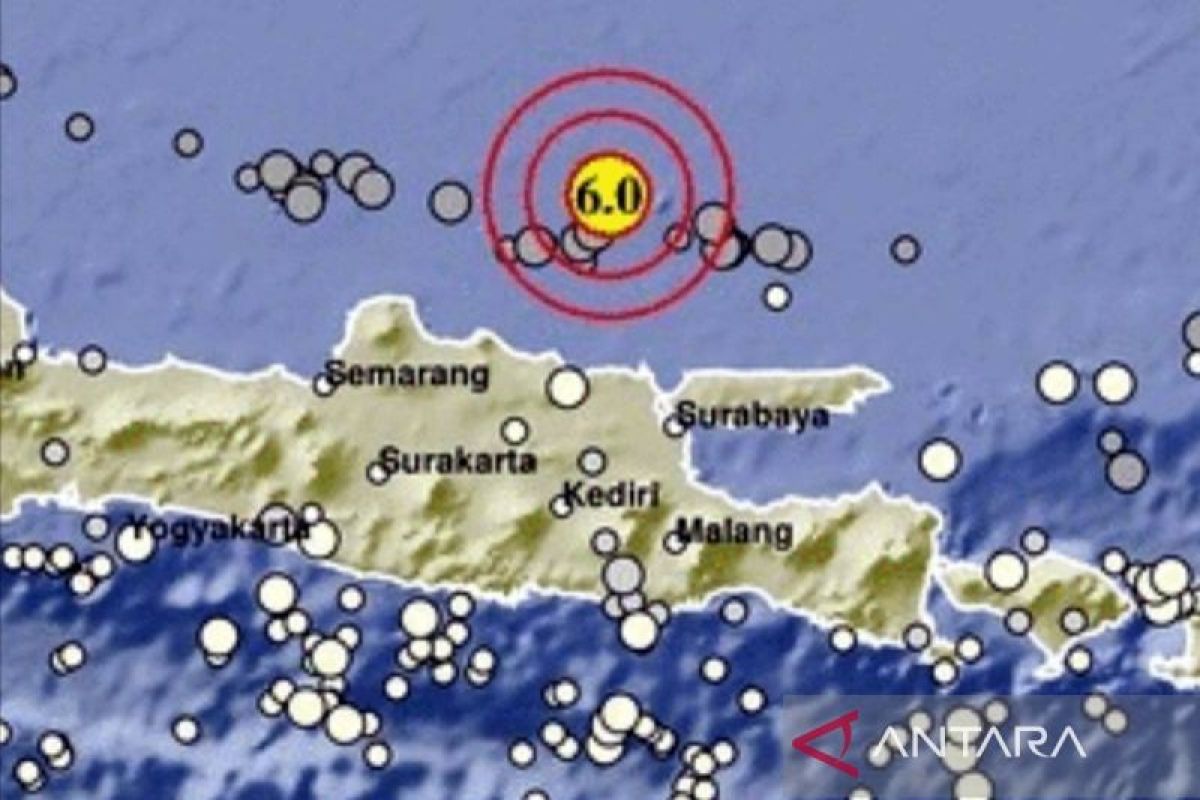 Peta gempa bumi berkekuatan 6 magnitudo yang berpusat di wilayah Tuban, Jawa Timur, Jumat (22/3/2024) siang pukul 11.22 WIB.