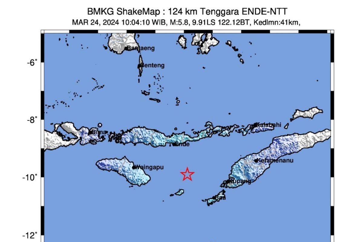 Peta getaran gempa bumi M 6,1 di NTT, Minggu (24/3/2024). Foto: BMKG