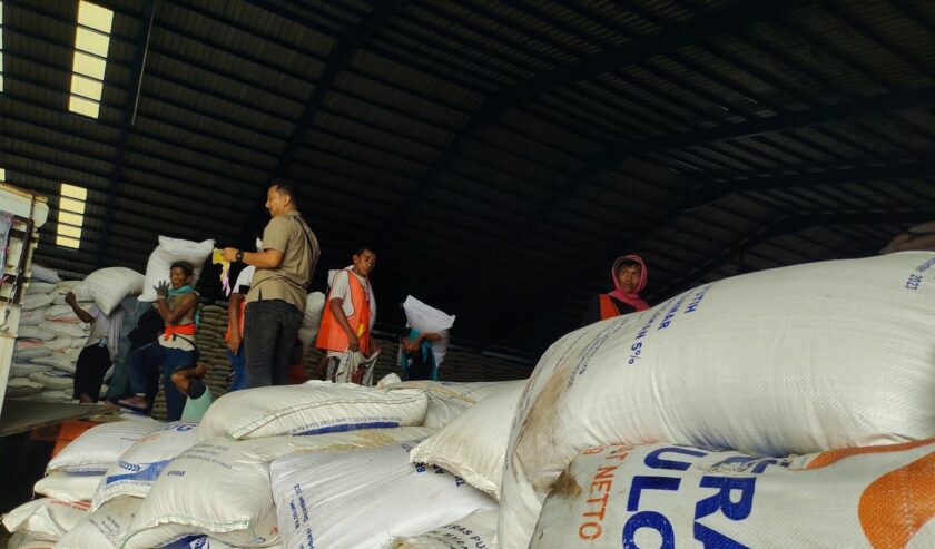 Pekerja tengah mengangkut beras yang ada di gudang Bulog Lampung. Bandarlampung, Kamis (7/3/2024). Foto : Antara