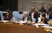 Antonio Guterres Sekretaris Jenderal PBB (depan, tengah) berbicara pada pertemuan Dewan Keamanan tentang perlucutan senjata nuklir dan non-proliferasi di markas besar PBB di New York, pada Senin (28/3/2024). Foto: Xinhua