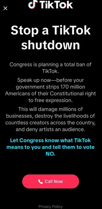 Pesan di layar penuh yang mendorong pengguna untuk memberitahu Kongres tentang menolak pelarangan TikTok. Foto: Tech Crunch
