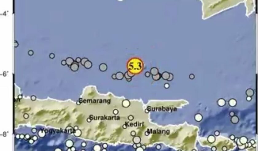 Gempa Magnitudo 5,3 terjadi pada Jumat (22/3/2024) pukul 12:31:12 WIB, lokasi 5.74 LS,112.36 BT (133 kilometer Timur Laut Tuban-Jatim), kedalaman10 Kilometer. Foto: BMKG