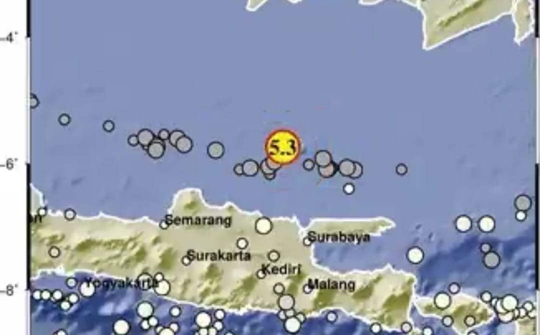 Gempa Magnitudo 5,3 terjadi pada Jumat (22/3/2024) pukul 12:31:12 WIB, lokasi 5.74 LS,112.36 BT (133 kilometer Timur Laut Tuban-Jatim), kedalaman10 Kilometer. Foto: BMKG