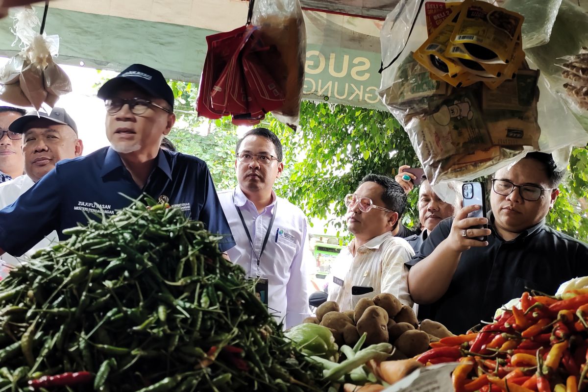 Zulkifli Hasan Menteri Perdagangan (Mendag) saat melakukan tinjauan harga serta pasokan pangan di pasar tradisional Kangkung. Bandarlampung, Jumat (8/3/2024). Foto : Antara