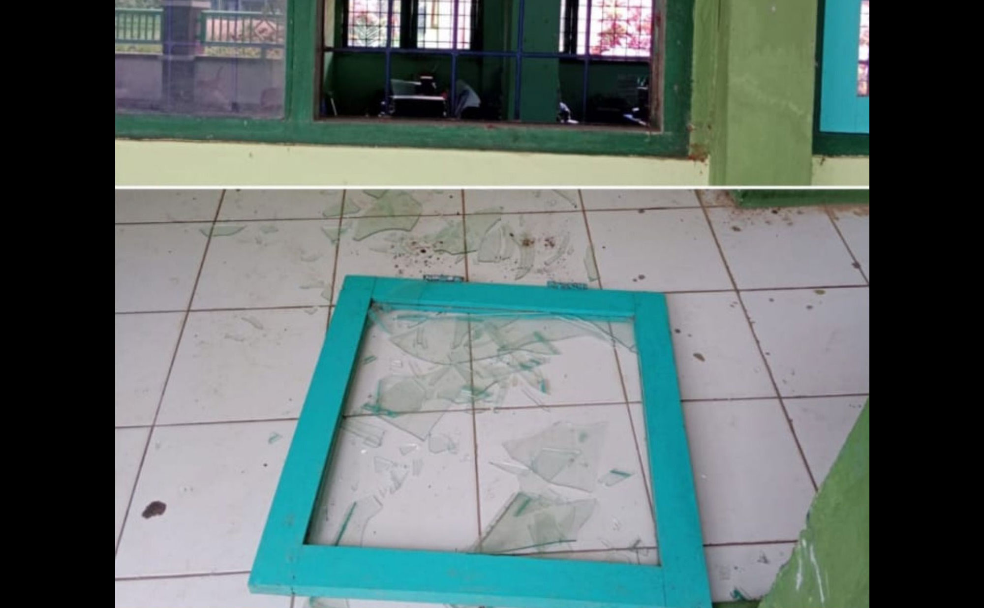 Dampak gempa yang terjadi di sebuah sekolah, kaca sekolah nampak rusak dan pecah, Jumat (22/3/2024). Foto: BPBD Jatim.
